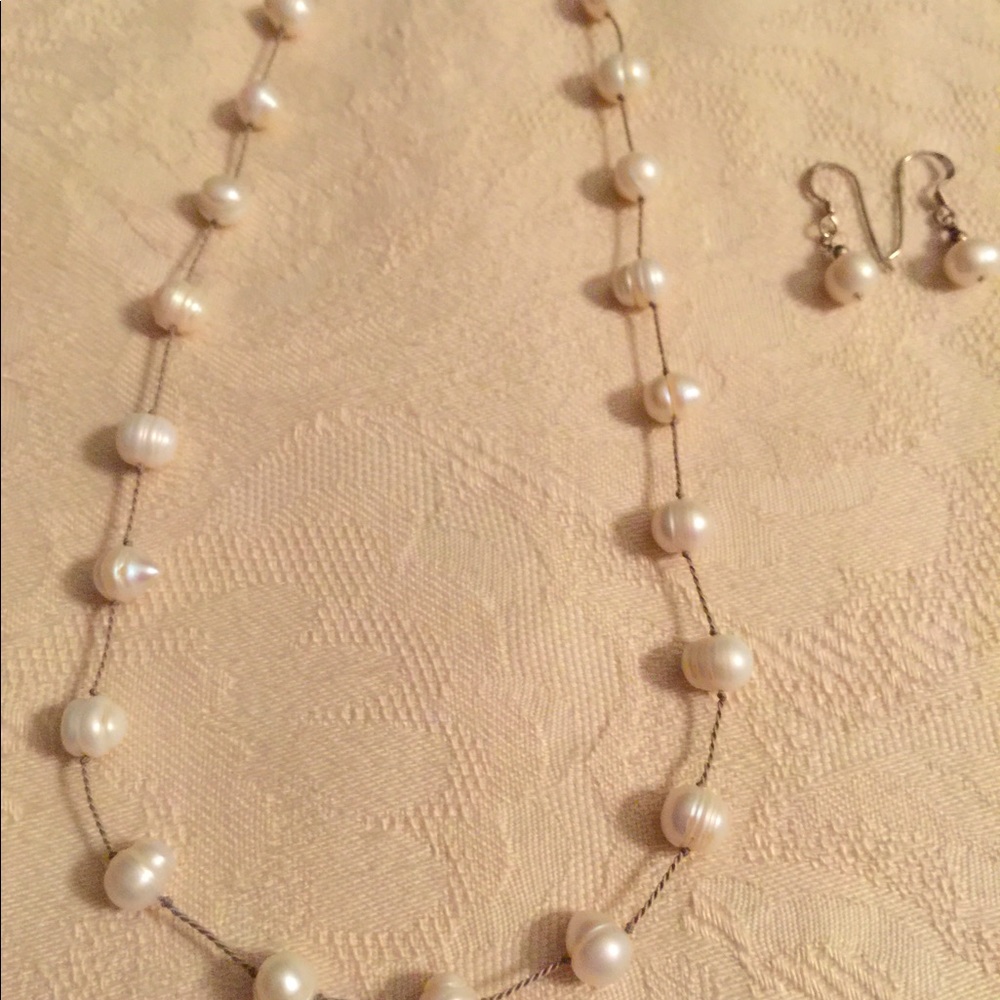 Vintage Sterling Silver Pearl Necklace and Earring Set